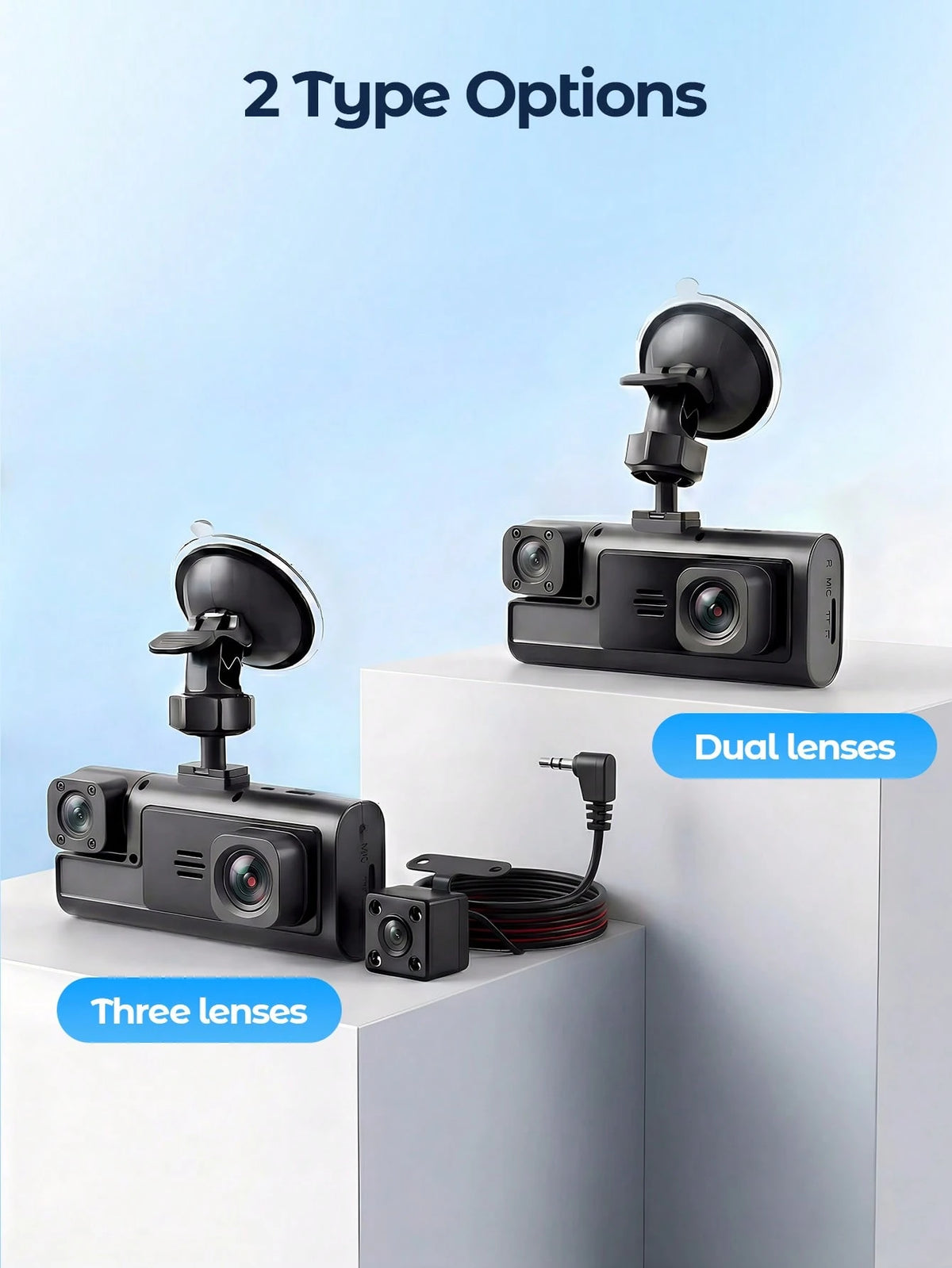 Teckwe 1080P Full HD 3-Channel Dash Camera For Vehicles, Triple Lens Car Dash Cam With Night Vision, Loop Recording, Motion Detection, Wide View, 24h Parking Monitor