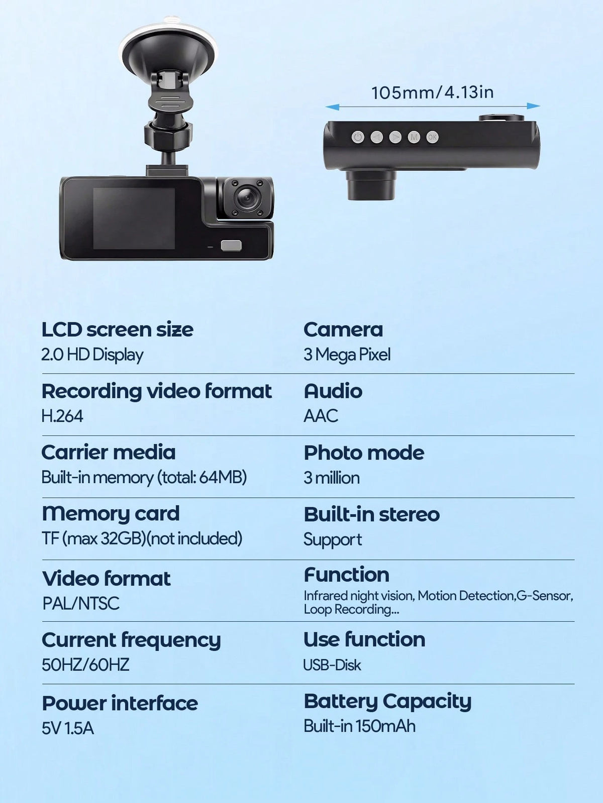Teckwe 1080P Full HD 3-Channel Dash Camera For Vehicles, Triple Lens Car Dash Cam With Night Vision, Loop Recording, Motion Detection, Wide View, 24h Parking Monitor