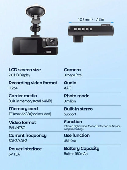 Teckwe 1080P Full HD 3-Channel Dash Camera For Vehicles, Triple Lens Car Dash Cam With Night Vision, Loop Recording, Motion Detection, Wide View, 24h Parking Monitor