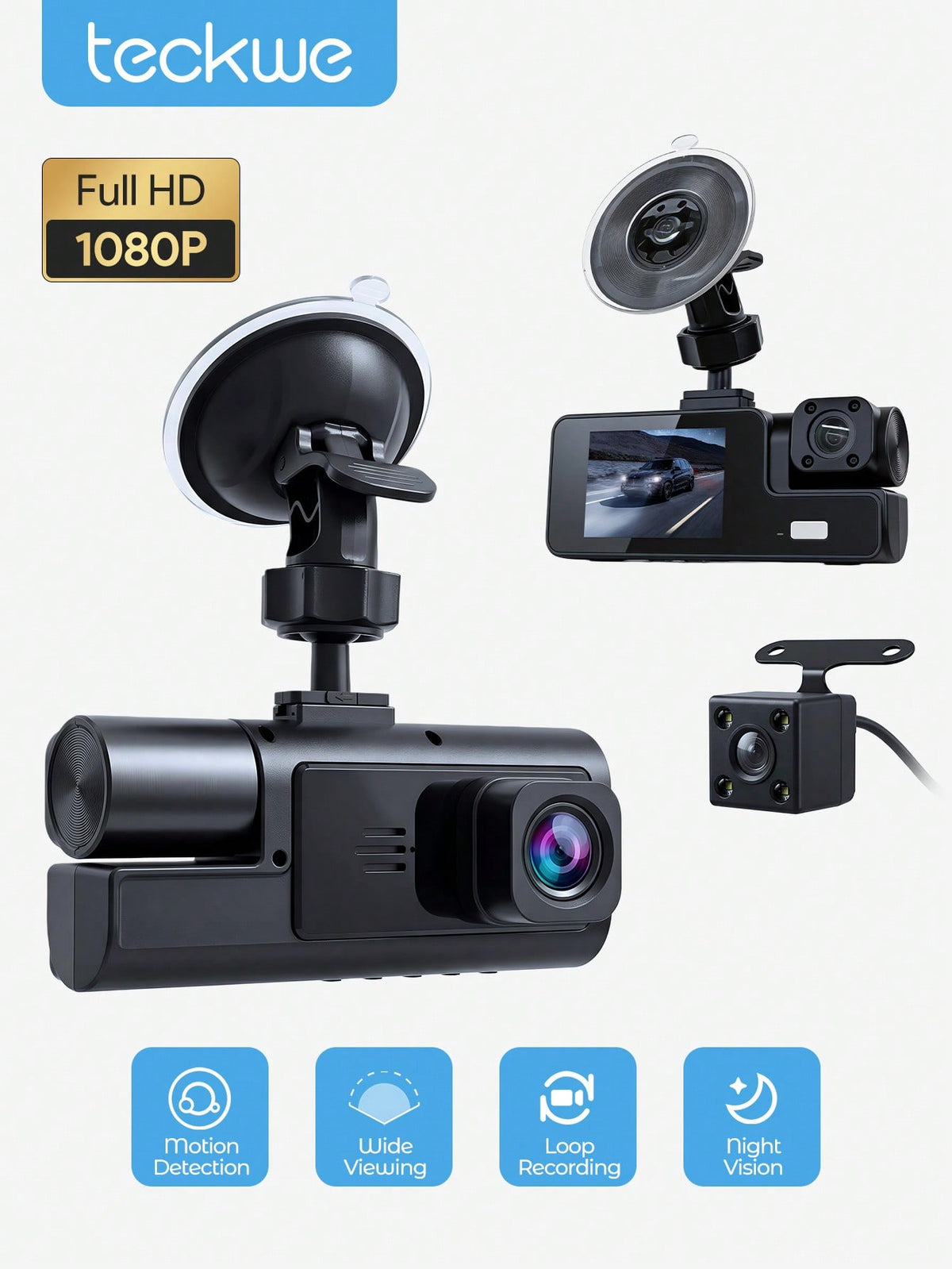 Teckwe 1080P Full HD 3-Channel Dash Camera For Vehicles, Triple Lens Car Dash Cam With Night Vision, Loop Recording, Motion Detection, Wide View, 24h Parking Monitor