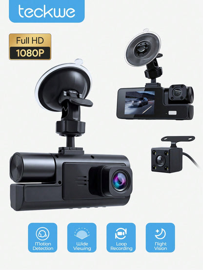 Teckwe 1080P Full HD 3-Channel Dash Camera For Vehicles, Triple Lens Car Dash Cam With Night Vision, Loop Recording, Motion Detection, Wide View, 24h Parking Monitor