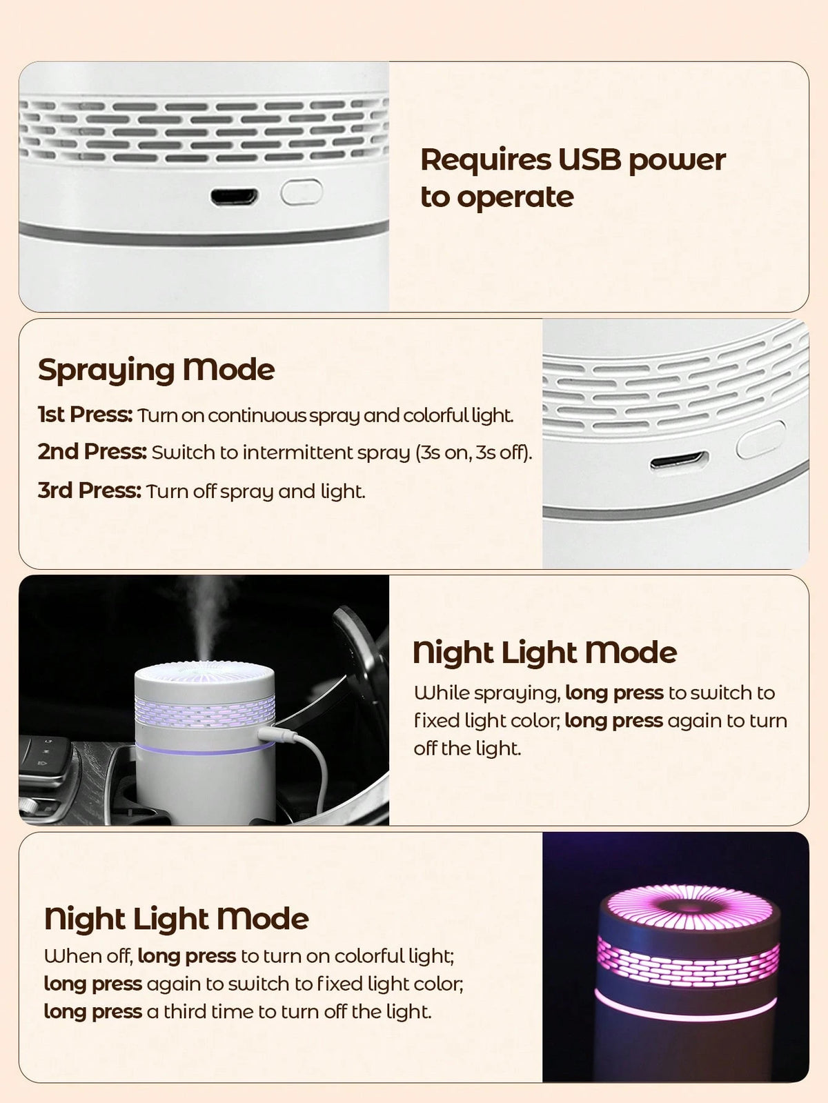 Teckwe New Car Humidifier, Fine Mist Spray, Home Bedroom Aroma Diffuser Lamp, Tabletop Quiet Mist Humidifier, USB Powered, Battery-Free, Suitable For Travel, Home, Bedroom, Office And Air-Conditioned