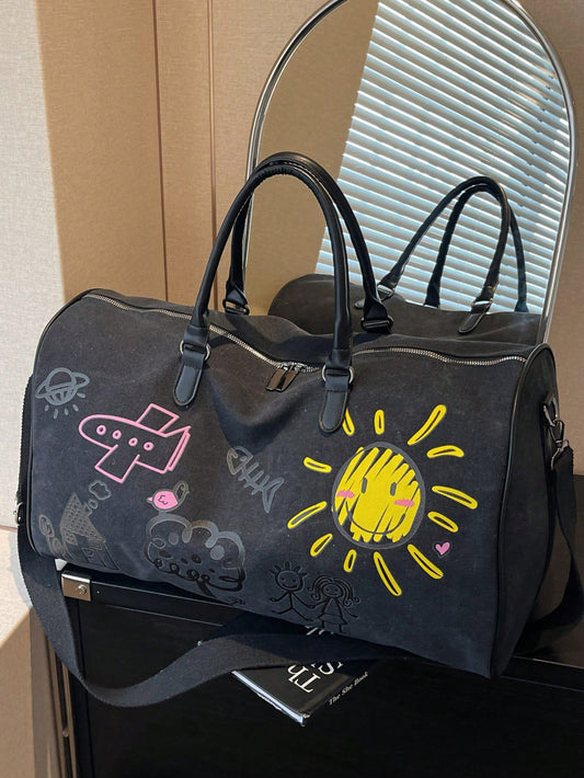 Thickened Canvas Cartoon Graffiti Pattern, Wear-Resistant, Multi-Layer Design, Large Capacity, Ultra-Lightweight, Foldable, Multi-Functional, Zipper Shoulder/Crossbody Bag, Travel Bag, Luggage Bag, Ba