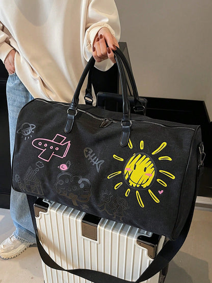 Thickened Canvas Cartoon Graffiti Pattern, Wear-Resistant, Multi-Layer Design, Large Capacity, Ultra-Lightweight, Foldable, Multi-Functional, Zipper Shoulder/Crossbody Bag, Travel Bag, Luggage Bag, Ba