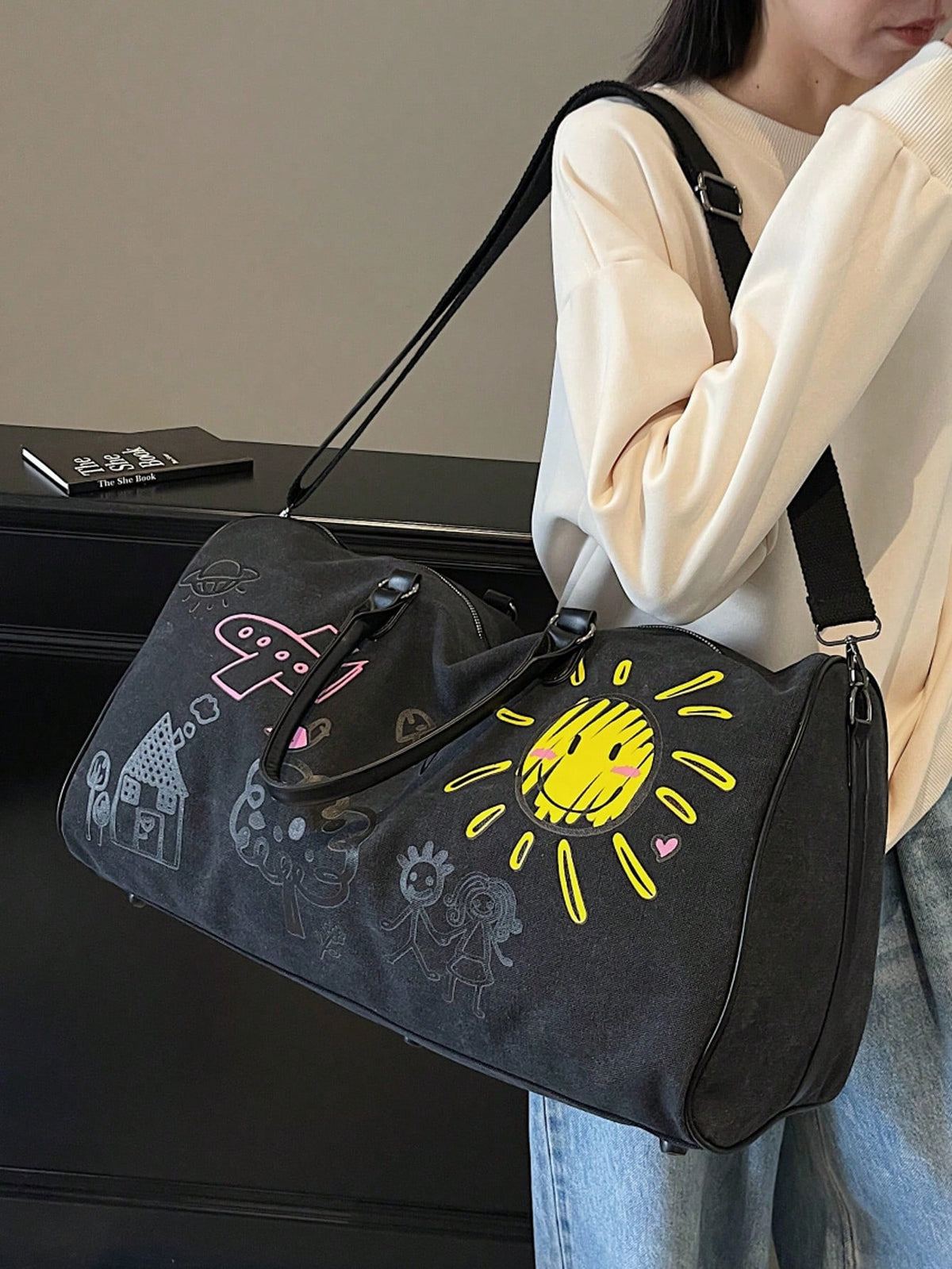 Thickened Canvas Cartoon Graffiti Pattern, Wear-Resistant, Multi-Layer Design, Large Capacity, Ultra-Lightweight, Foldable, Multi-Functional, Zipper Shoulder/Crossbody Bag, Travel Bag, Luggage Bag, Ba