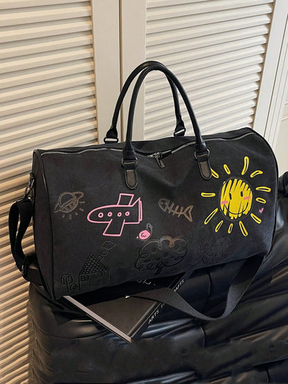 Thickened Canvas Cartoon Graffiti Pattern, Wear-Resistant, Multi-Layer Design, Large Capacity, Ultra-Lightweight, Foldable, Multi-Functional, Zipper Shoulder/Crossbody Bag, Travel Bag, Luggage Bag, Ba