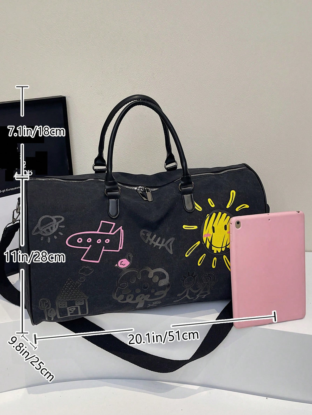 Thickened Canvas Cartoon Graffiti Pattern, Wear-Resistant, Multi-Layer Design, Large Capacity, Ultra-Lightweight, Foldable, Multi-Functional, Zipper Shoulder/Crossbody Bag, Travel Bag, Luggage Bag, Ba