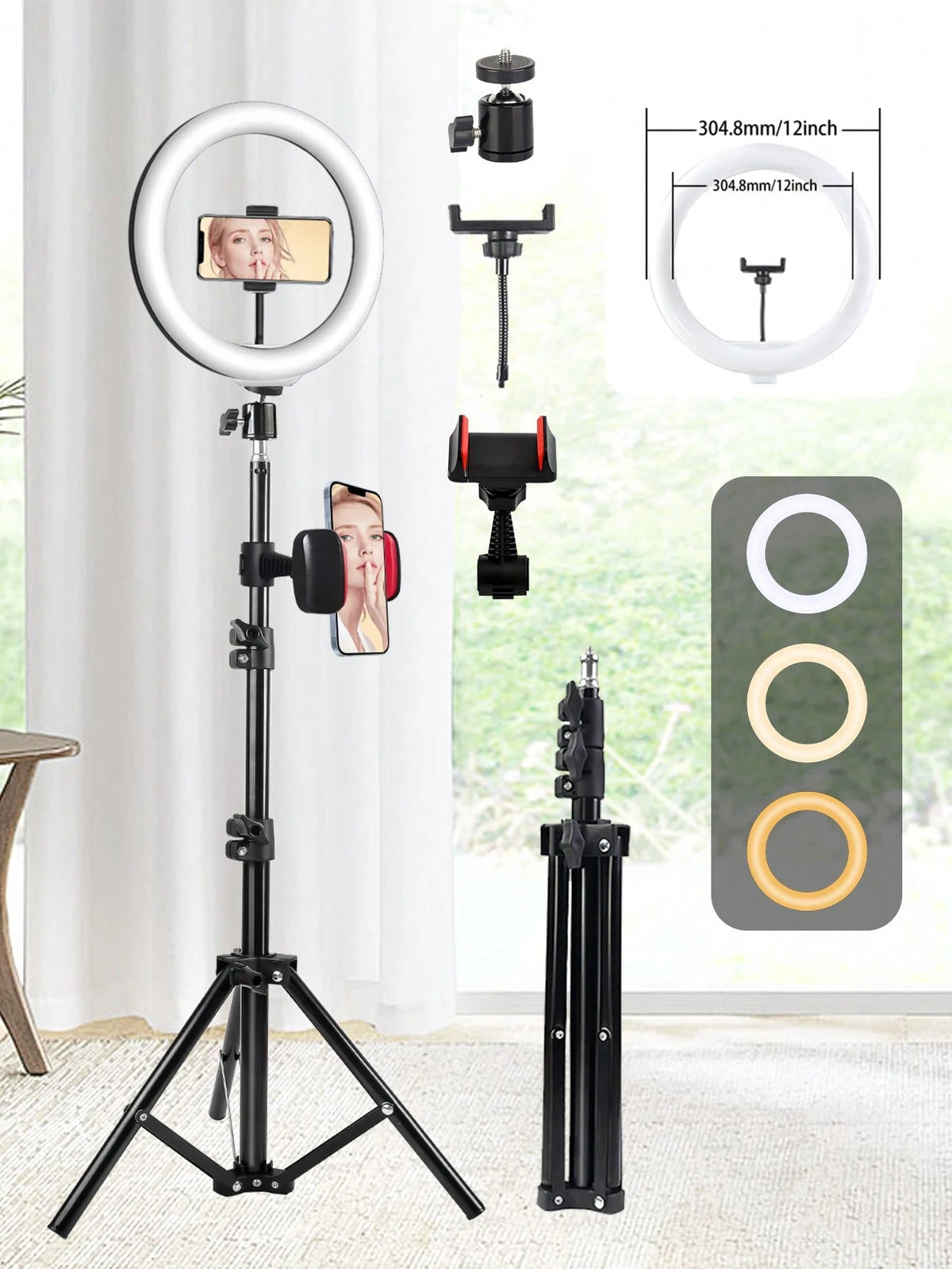 This 12-Inch LED Ring Light, Paired With A 110cm Tripod, Is USB Powered And Offers Three Switchable Colors, Making It Ideal For Various Scenarios Such As Live Streaming And Photography. Suitable For P