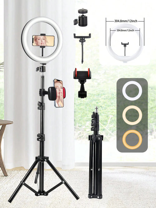 This 12-Inch LED Ring Light, Paired With A 110cm Tripod, Is USB Powered And Offers Three Switchable Colors, Making It Ideal For Various Scenarios Such As Live Streaming And Photography. Suitable For P