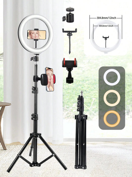 This 12-Inch LED Ring Light, Paired With A 110cm Tripod, Is USB Powered And Offers Three Switchable Colors, Making It Ideal For Various Scenarios Such As Live Streaming And Photography. Suitable For P