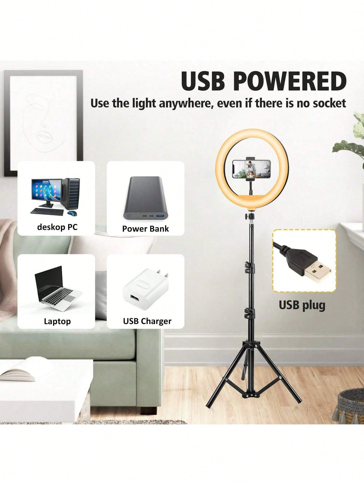 This 12-Inch LED Ring Light, Paired With A 110cm Tripod, Is USB Powered And Offers Three Switchable Colors, Making It Ideal For Various Scenarios Such As Live Streaming And Photography. Suitable For P
