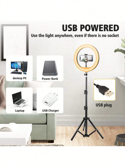 This 12-Inch LED Ring Light, Paired With A 110cm Tripod, Is USB Powered And Offers Three Switchable Colors, Making It Ideal For Various Scenarios Such As Live Streaming And Photography. Suitable For P