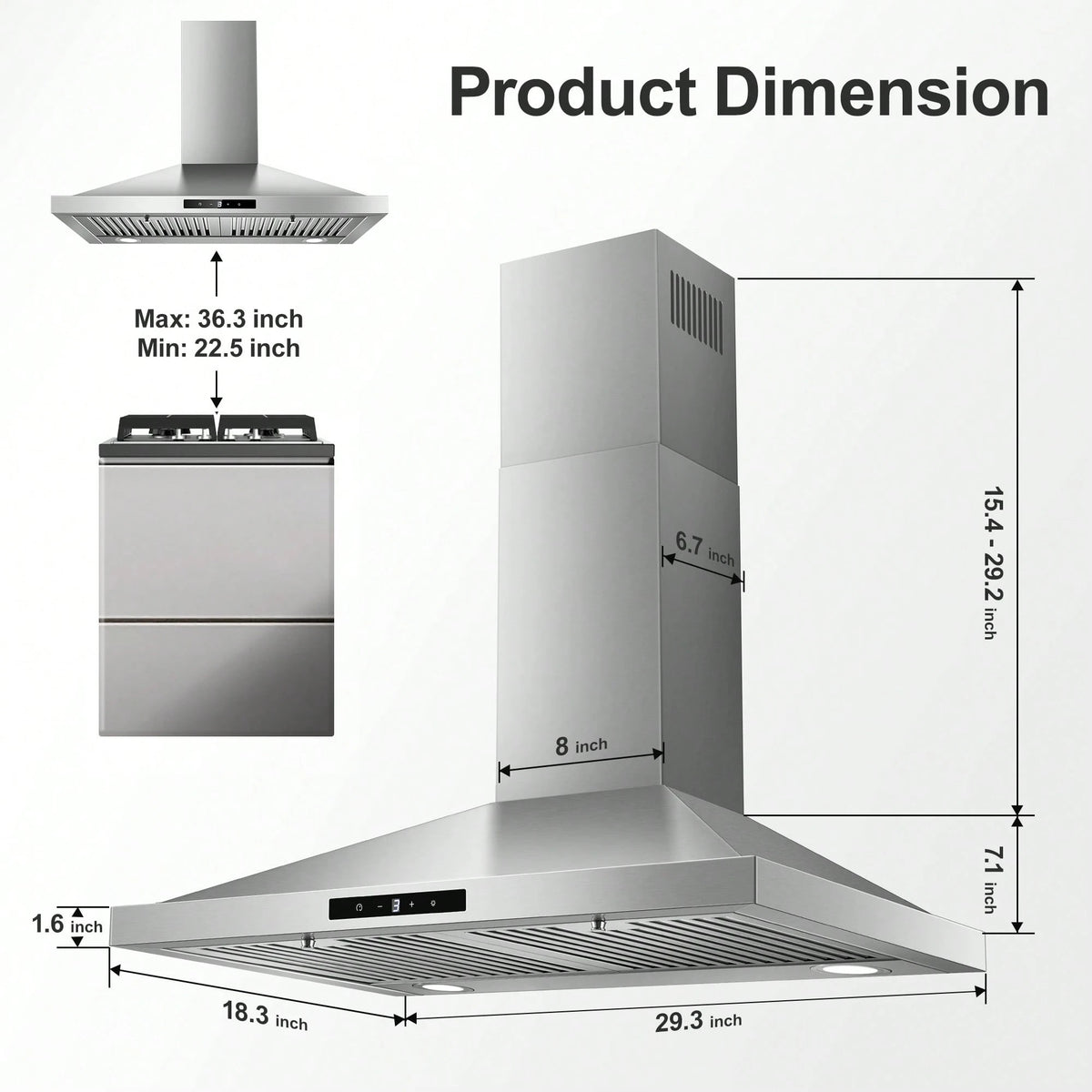 Tieasy Range Hood 30 Inch, Vent Hoods 30 Inch Stainless Steel, 450 CFM Ductless/Ducted Convertible Kitchen Hood With LED Light Baffle Filters, 3 Speed Exhaust Fan,Touch Control