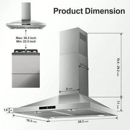Tieasy Range Hood 30 Inch, Vent Hoods 30 Inch Stainless Steel, 450 CFM Ductless/Ducted Convertible Kitchen Hood With LED Light Baffle Filters, 3 Speed Exhaust Fan,Touch Control