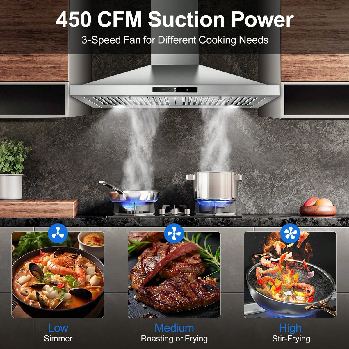 Tieasy Range Hood 30 Inch, Vent Hoods 30 Inch Stainless Steel, 450 CFM Ductless/Ducted Convertible Kitchen Hood With LED Light Baffle Filters, 3 Speed Exhaust Fan,Touch Control