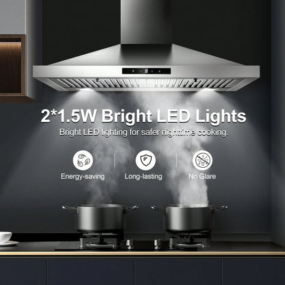 Tieasy Range Hood 30 Inch, Vent Hoods 30 Inch Stainless Steel, 450 CFM Ductless/Ducted Convertible Kitchen Hood With LED Light Baffle Filters, 3 Speed Exhaust Fan,Touch Control