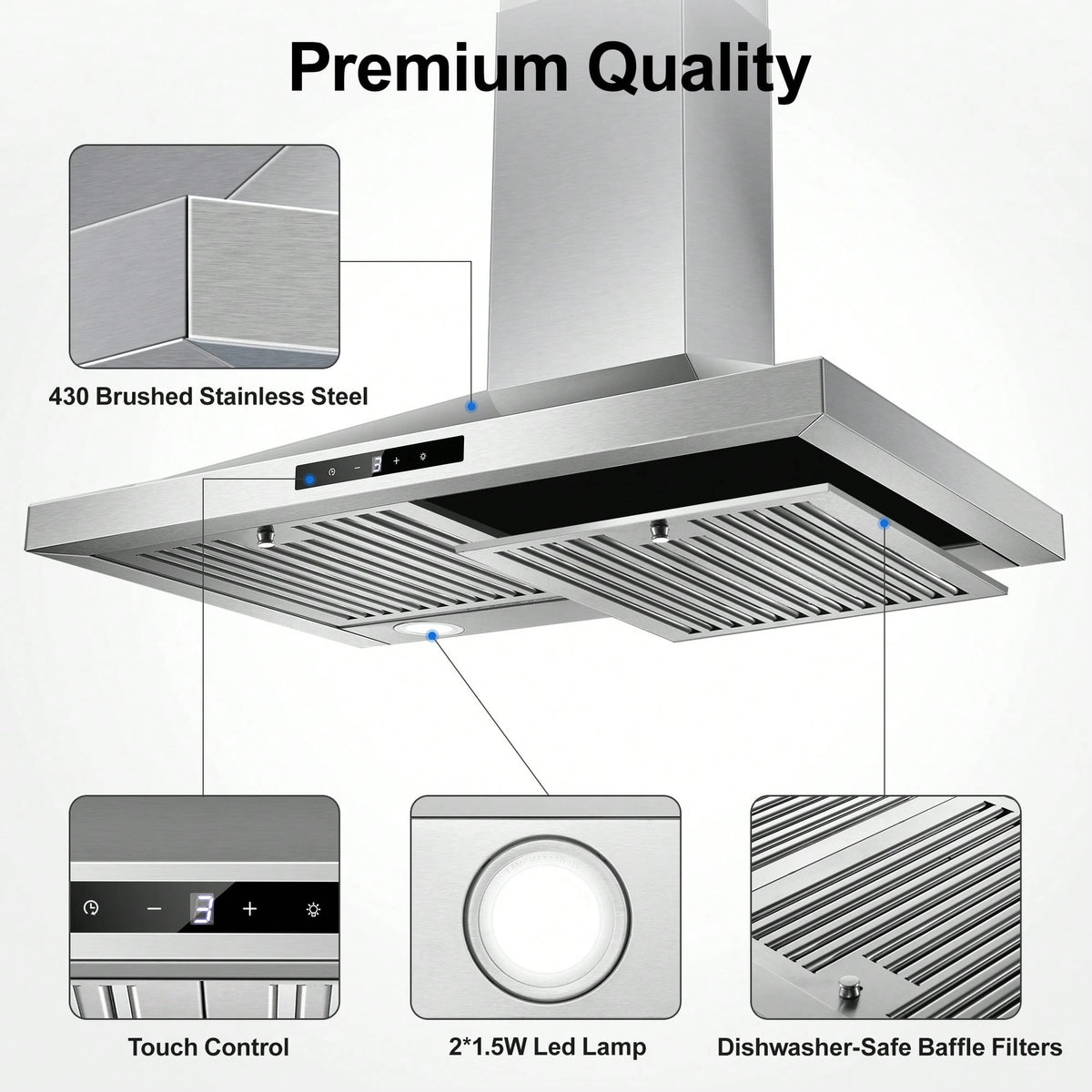 Tieasy Range Hood 30 Inch, Vent Hoods 30 Inch Stainless Steel, 450 CFM Ductless/Ducted Convertible Kitchen Hood With LED Light Baffle Filters, 3 Speed Exhaust Fan,Touch Control