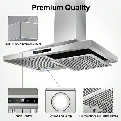 Tieasy Range Hood 30 Inch, Vent Hoods 30 Inch Stainless Steel, 450 CFM Ductless/Ducted Convertible Kitchen Hood With LED Light Baffle Filters, 3 Speed Exhaust Fan,Touch Control