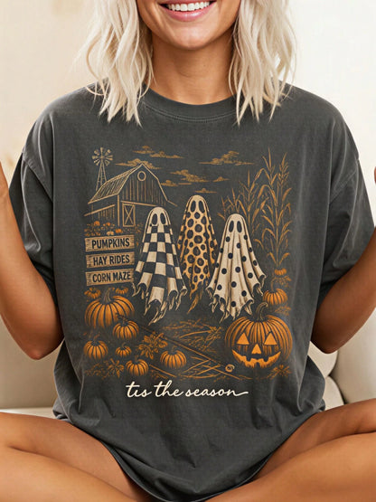 Tis The Season Ghost Trio PNG, Pumpkin Patch Ghosts Design, Farmhouse Halloween PNG,Checkered Leopard Polka Dot Ghosts, Fall Shirt Design