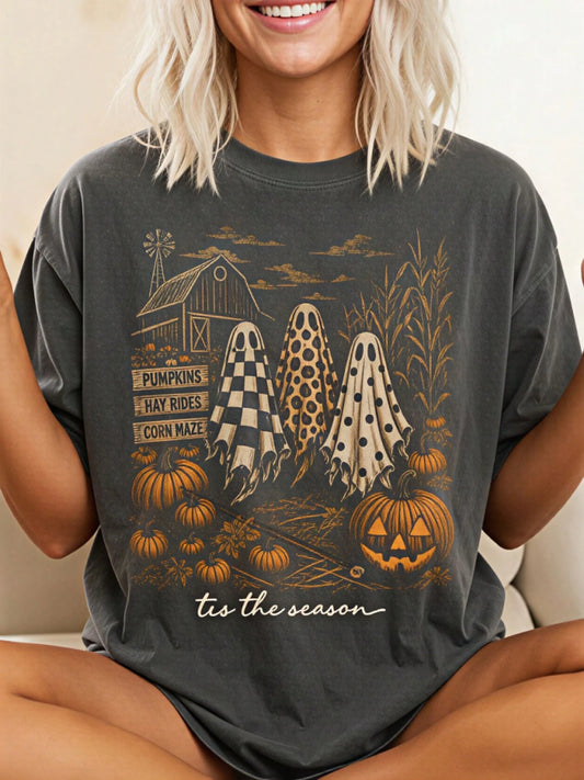 Tis The Season Ghost Trio PNG, Pumpkin Patch Ghosts Design, Farmhouse Halloween PNG,Checkered Leopard Polka Dot Ghosts, Fall Shirt Design