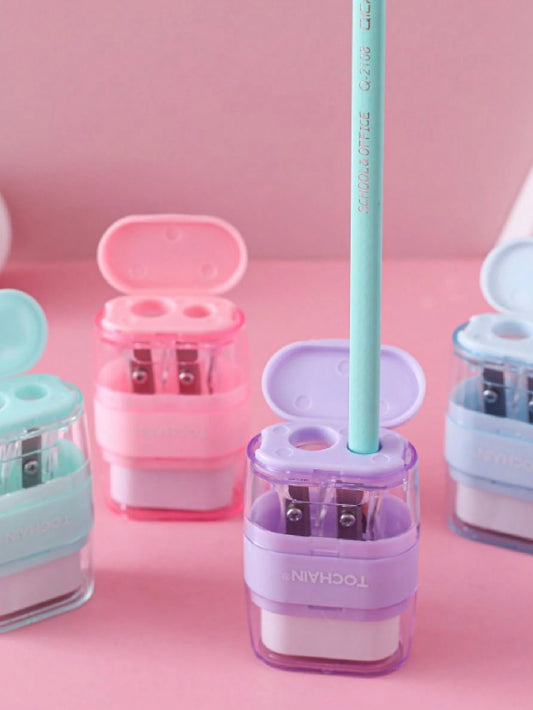 TOCHAIN 1pc/2pcs/4pcs Random Color Creative Stationery Pencil Sharpener & Eraser 2-In-1 Student Supplies, Morandian Color Compact Portable Single/Double Hole Sharpener, Novelty Gift For Students, Scho