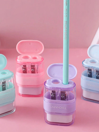 TOCHAIN 1pc/2pcs/4pcs Random Color Creative Stationery Pencil Sharpener & Eraser 2-In-1 Student Supplies, Morandian Color Compact Portable Single/Double Hole Sharpener, Novelty Gift For Students, Scho