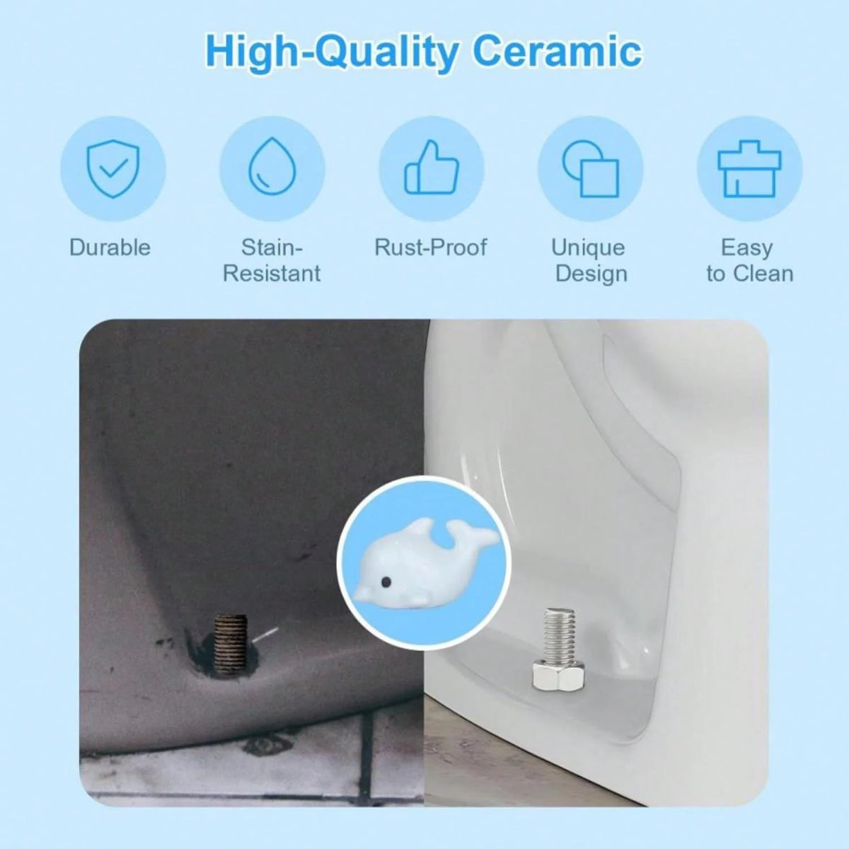 Toilet Bolt Covers, Ceramic Toilet Bolt Caps, Toilet Screw Covers Decorative To Prevent Rusting, Hide Unsightly Screws &Amp; Enhance Bathroom Aesthetics (Universal Fit, 2 Pack). (Blue Dolphin)