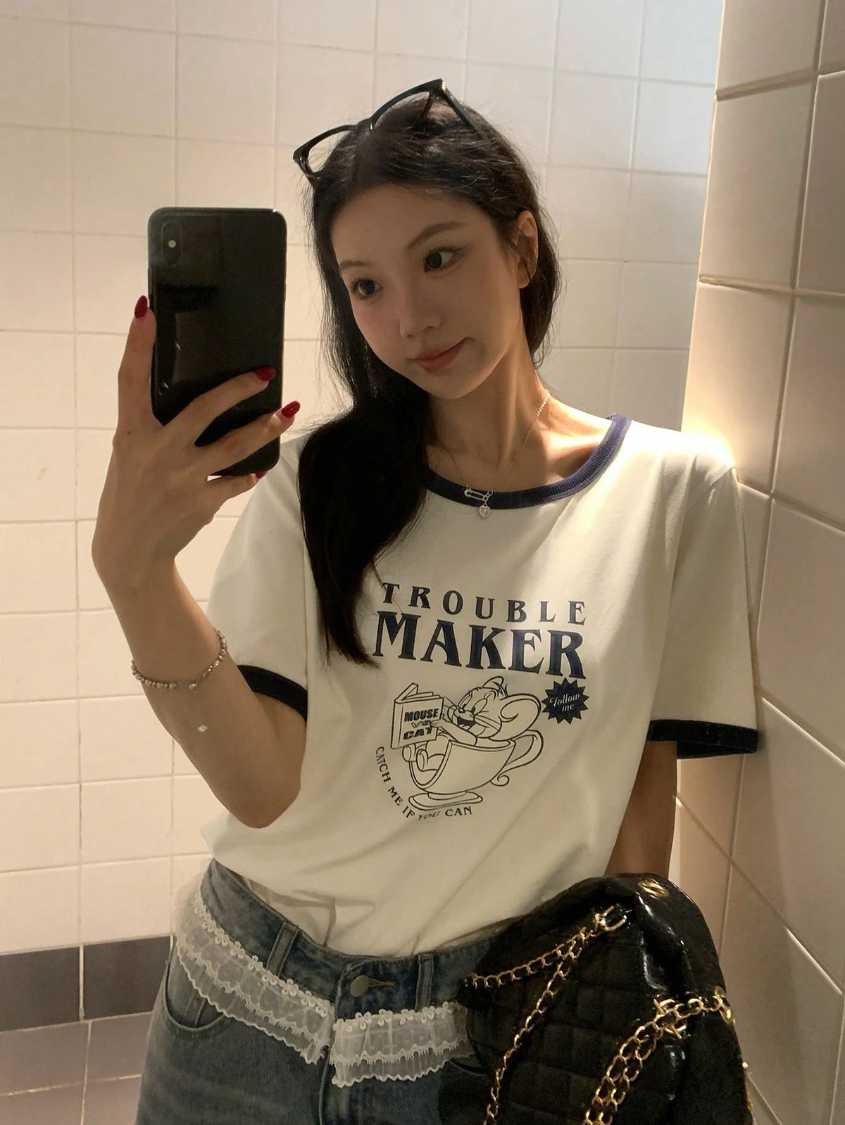 TOM AND JERRY X DAZY Women's Casual Cartoon Colorblock Round Neck Short Sleeve T-Shirt Graphic Tee Summer Cute Top Thin Clothing
