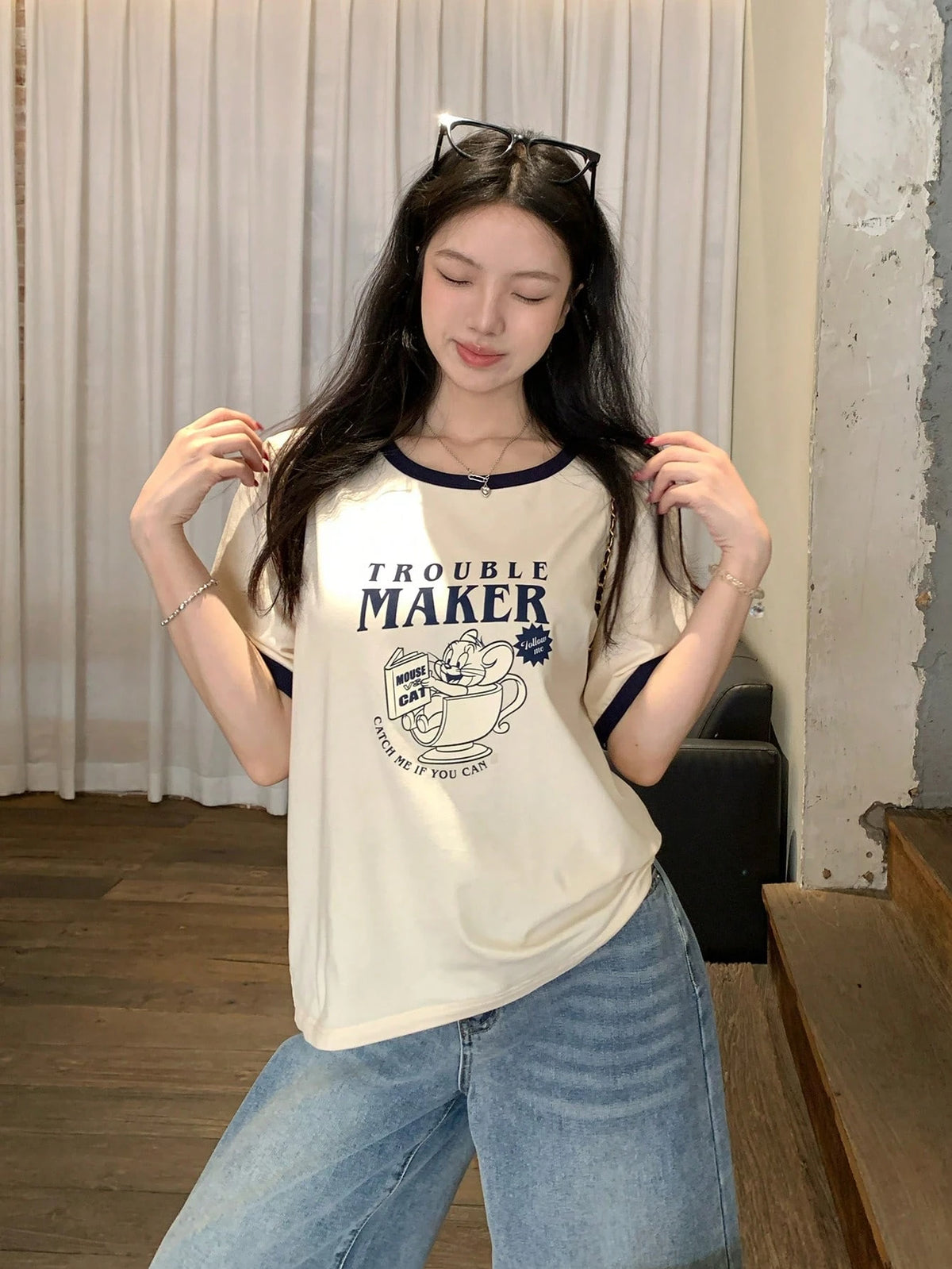 TOM AND JERRY X DAZY Women's Casual Cartoon Colorblock Round Neck Short Sleeve T-Shirt Graphic Tee Summer Cute Top Thin Clothing