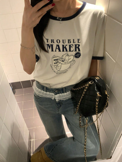 TOM AND JERRY X DAZY Women's Casual Cartoon Colorblock Round Neck Short Sleeve T-Shirt Graphic Tee Summer Cute Top Thin Clothing