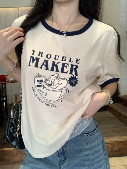 TOM AND JERRY X DAZY Women's Casual Cartoon Colorblock Round Neck Short Sleeve T-Shirt Graphic Tee Summer Cute Top Thin Clothing