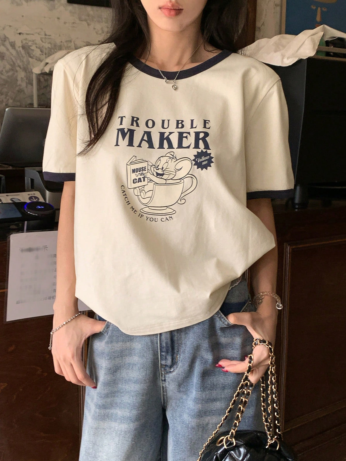 TOM AND JERRY X DAZY Women's Casual Cartoon Colorblock Round Neck Short Sleeve T-Shirt Graphic Tee Summer Cute Top Thin Clothing