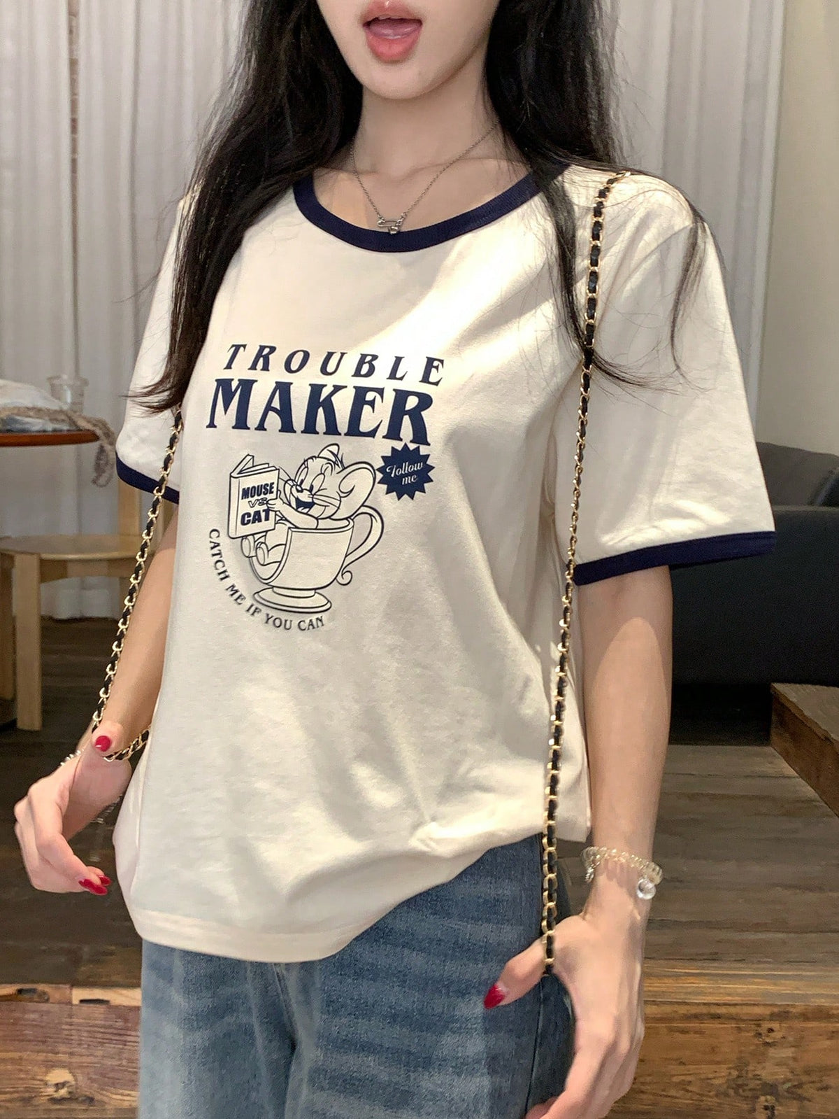 TOM AND JERRY X DAZY Women's Casual Cartoon Colorblock Round Neck Short Sleeve T-Shirt Graphic Tee Summer Cute Top Thin Clothing