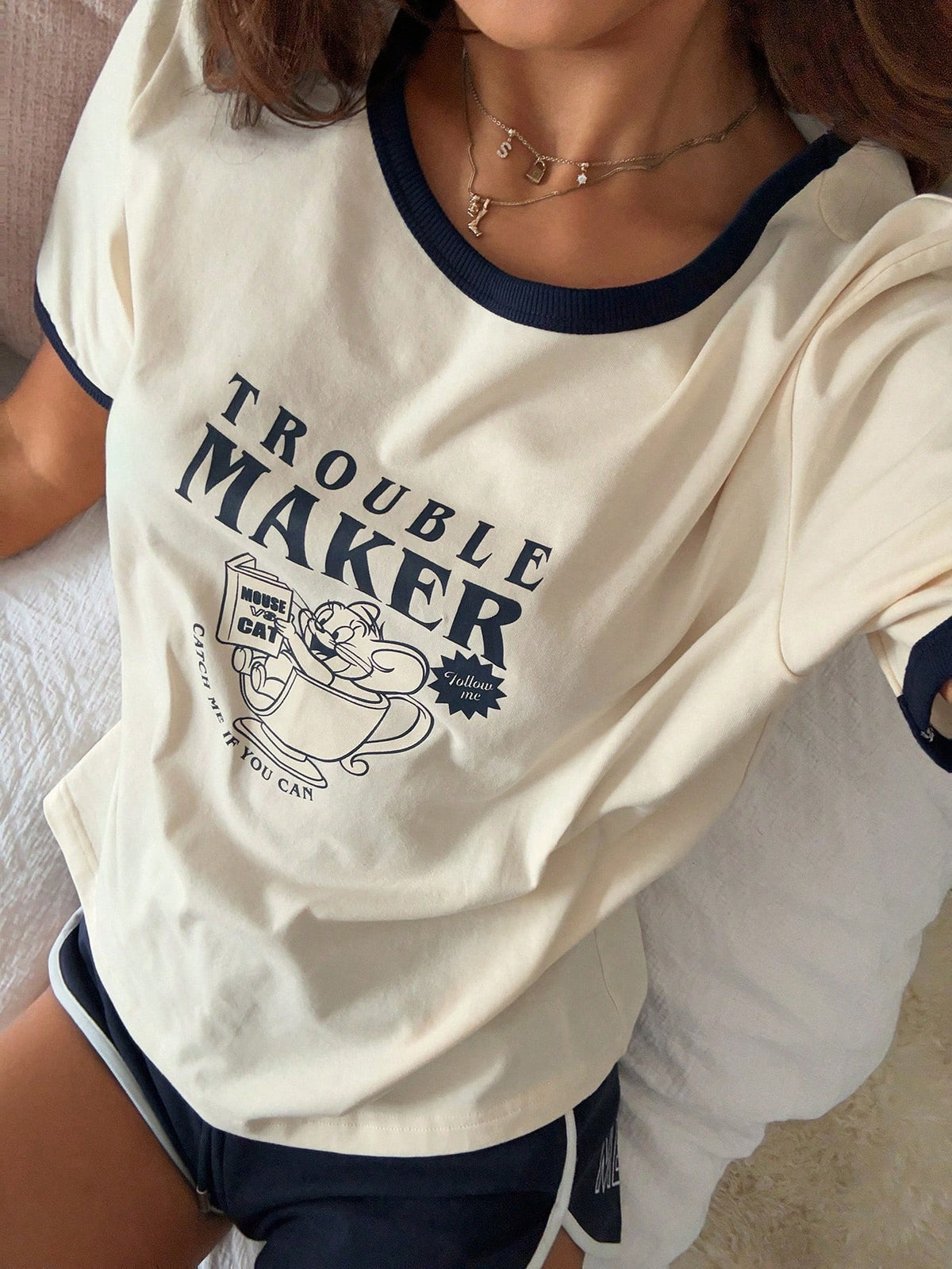 TOM AND JERRY X DAZY Women's Casual Cartoon Colorblock Round Neck Short Sleeve T-Shirt Graphic Tee Summer Cute Top Thin Clothing