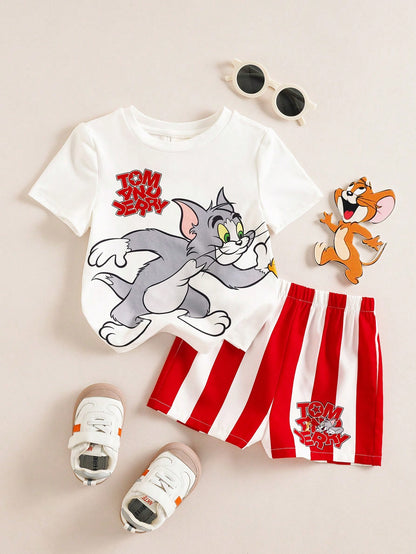 TOM & JERRY X 2pcs Baby Boy Summer Cute Cartoon Cat Print Round Neck Short Sleeve T-Shirt And Shorts Set