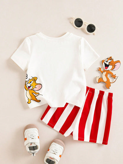 TOM & JERRY X 2pcs Baby Boy Summer Cute Cartoon Cat Print Round Neck Short Sleeve T-Shirt And Shorts Set