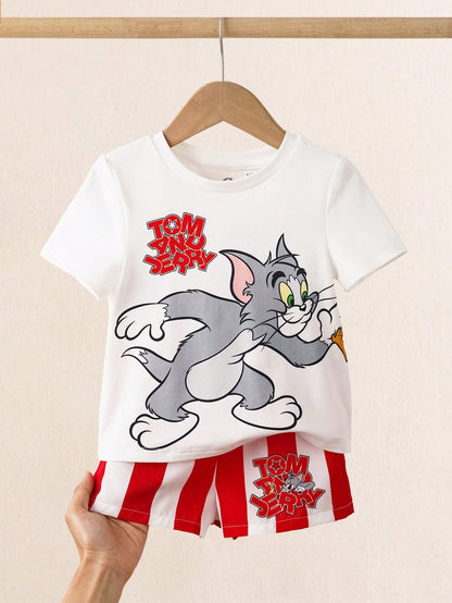 TOM & JERRY X 2pcs Baby Boy Summer Cute Cartoon Cat Print Round Neck Short Sleeve T-Shirt And Shorts Set