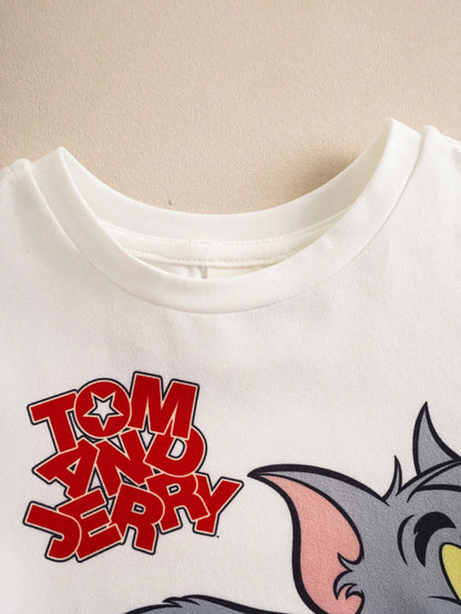 TOM & JERRY X 2pcs Baby Boy Summer Cute Cartoon Cat Print Round Neck Short Sleeve T-Shirt And Shorts Set