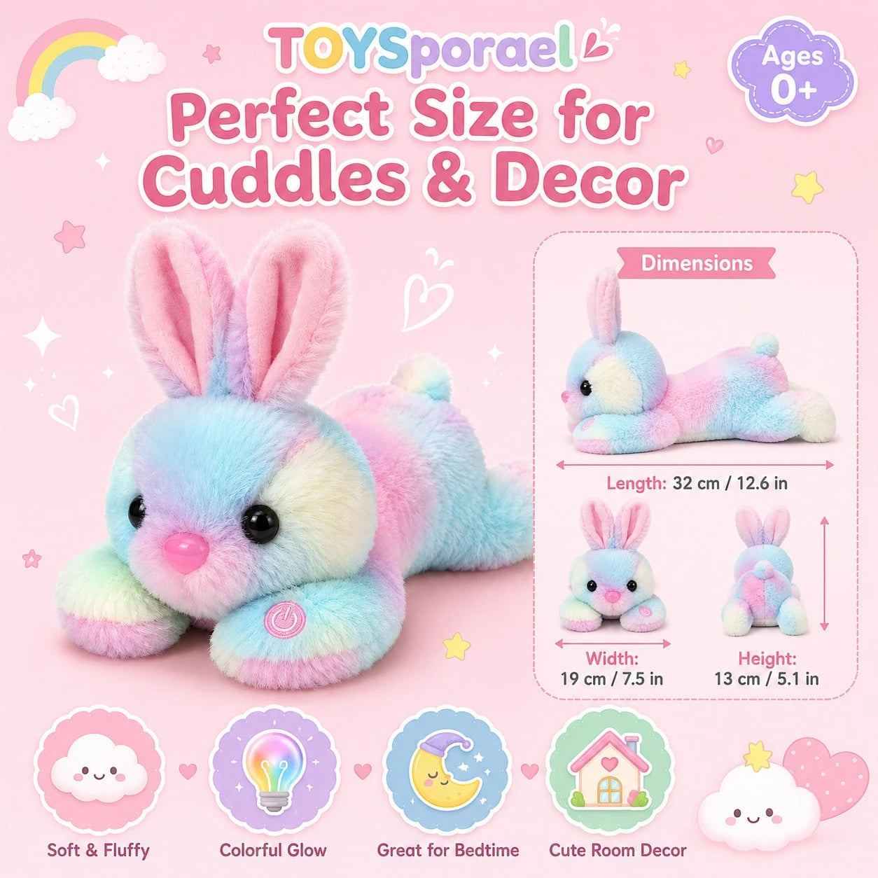 TOYSporael LED Light Up Bunny Plush Toy, Rainbow Glow Rabbit Night Light With Soft Fluffy Fur, Cozy Cuddle Pillow For Kids Girls, Birthday Christmas Easter Gift