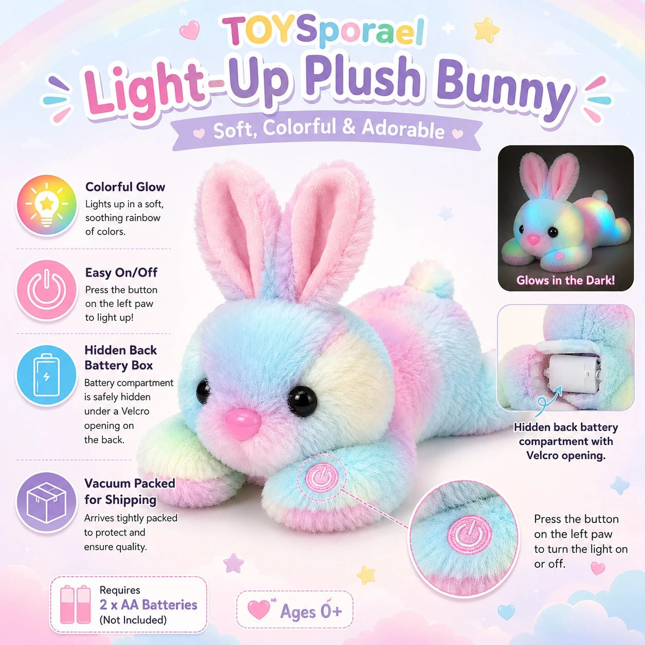 TOYSporael LED Light Up Bunny Plush Toy, Rainbow Glow Rabbit Night Light With Soft Fluffy Fur, Cozy Cuddle Pillow For Kids Girls, Birthday Christmas Easter Gift