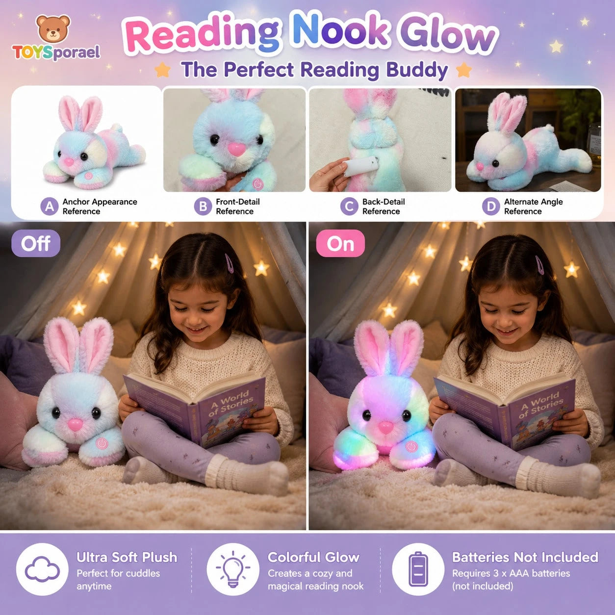 TOYSporael LED Light Up Bunny Plush Toy, Rainbow Glow Rabbit Night Light With Soft Fluffy Fur, Cozy Cuddle Pillow For Kids Girls, Birthday Christmas Easter Gift