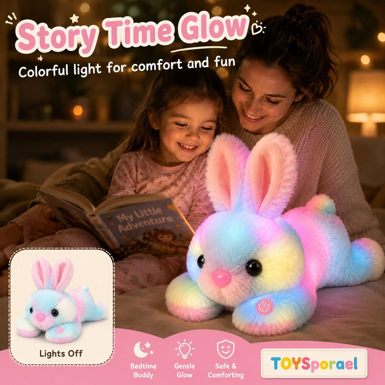 TOYSporael LED Light Up Bunny Plush Toy, Rainbow Glow Rabbit Night Light With Soft Fluffy Fur, Cozy Cuddle Pillow For Kids Girls, Birthday Christmas Easter Gift