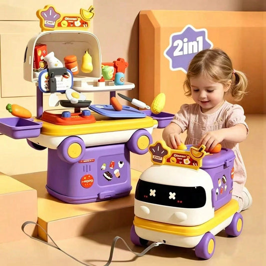 Transforming Bus, 2-In-1 Storage, Pull-Handle Cart, Portable Storage Box, Hand-Carried Storage, Baby Birthday Gift, Parent-Child Interaction Toy, Boy Girl Gift, Food Cart Pretend Play, Little Doctor S