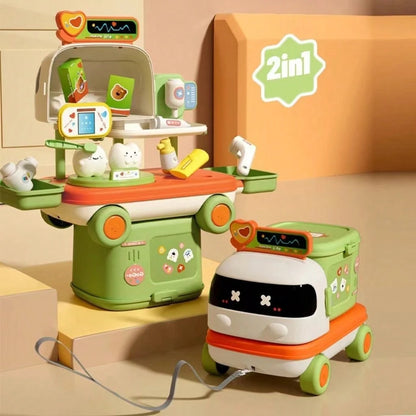Transforming Bus, 2-In-1 Storage, Pull-Handle Cart, Portable Storage Box, Hand-Carried Storage, Baby Birthday Gift, Parent-Child Interaction Toy, Boy Girl Gift, Food Cart Pretend Play, Little Doctor S