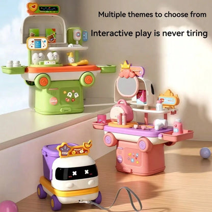 Transforming Bus, 2-In-1 Storage, Pull-Handle Cart, Portable Storage Box, Hand-Carried Storage, Baby Birthday Gift, Parent-Child Interaction Toy, Boy Girl Gift, Food Cart Pretend Play, Little Doctor S