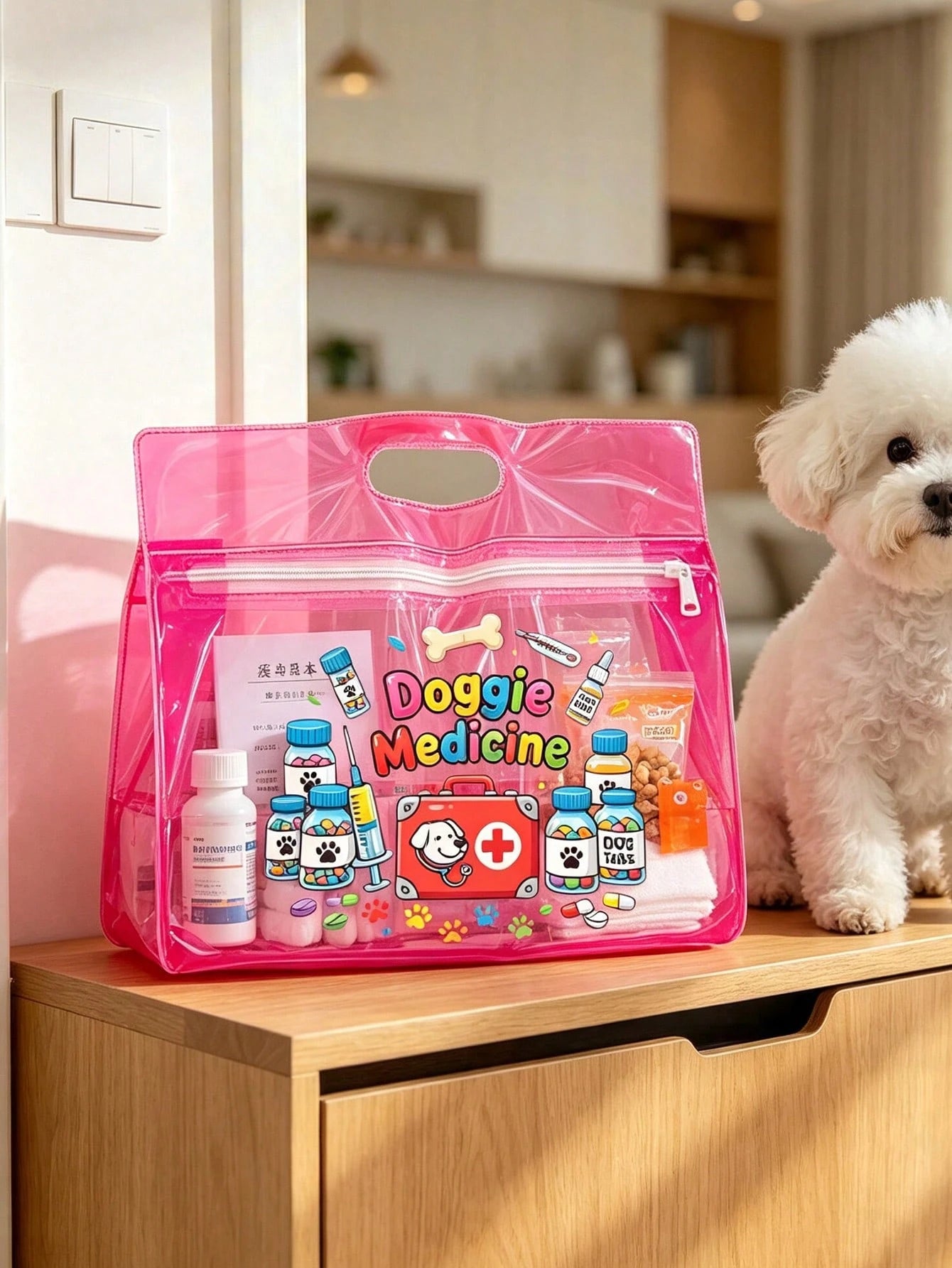 Transparent Dog Medicine Storage Bag, Pet Medication Tote Bag With Colorful Dog Paw, Bone, Pill Bottle And Medical Tool Kit Print, Portable Pet PVC Storage Bag, Multi-Functional Pet Daycare Bag, Easy