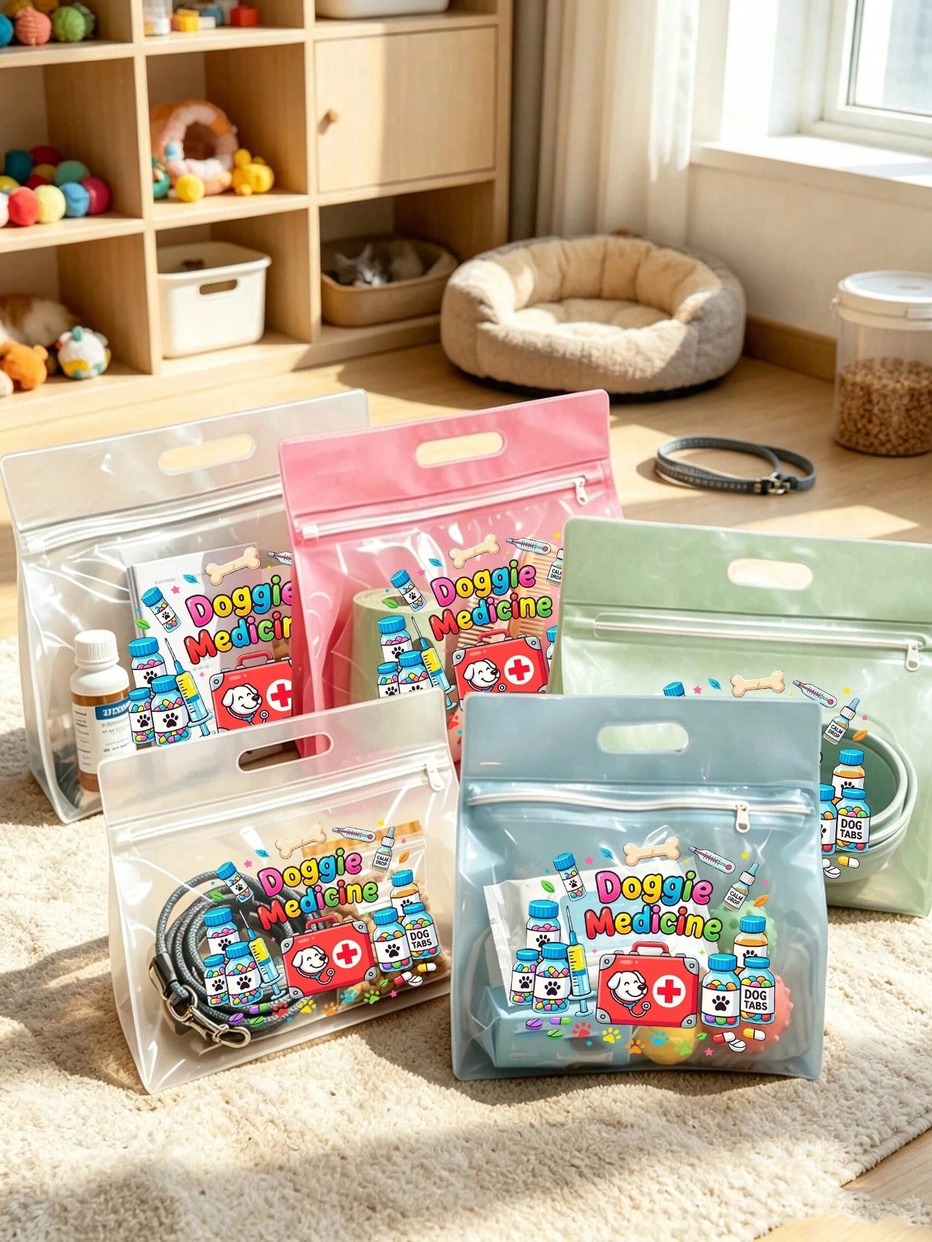 Transparent Dog Medicine Storage Bag, Pet Medication Tote Bag With Colorful Dog Paw, Bone, Pill Bottle And Medical Tool Kit Print, Portable Pet PVC Storage Bag, Multi-Functional Pet Daycare Bag, Easy