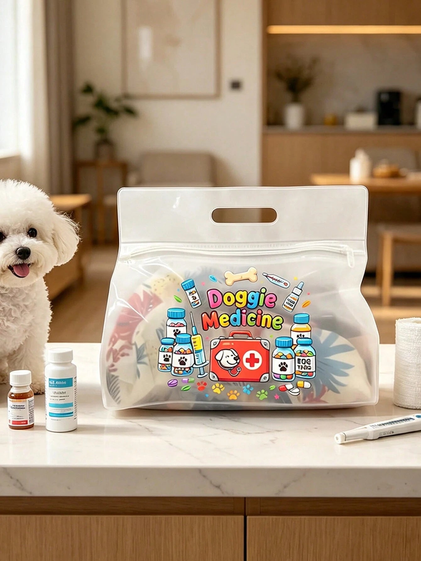 Transparent Dog Medicine Storage Bag, Pet Medication Tote Bag With Colorful Dog Paw, Bone, Pill Bottle And Medical Tool Kit Print, Portable Pet PVC Storage Bag, Multi-Functional Pet Daycare Bag, Easy