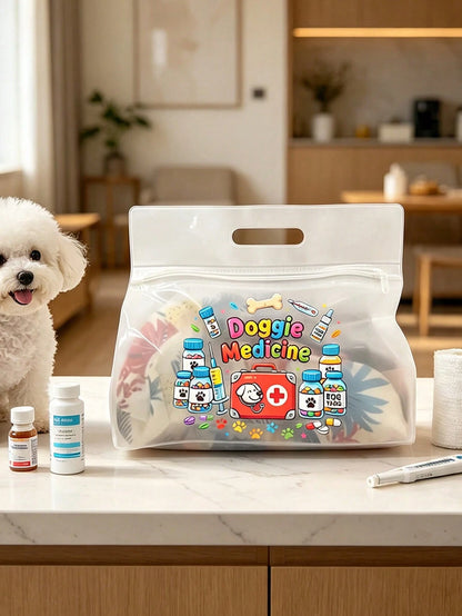 Transparent Dog Medicine Storage Bag, Pet Medication Tote Bag With Colorful Dog Paw, Bone, Pill Bottle And Medical Tool Kit Print, Portable Pet PVC Storage Bag, Multi-Functional Pet Daycare Bag, Easy