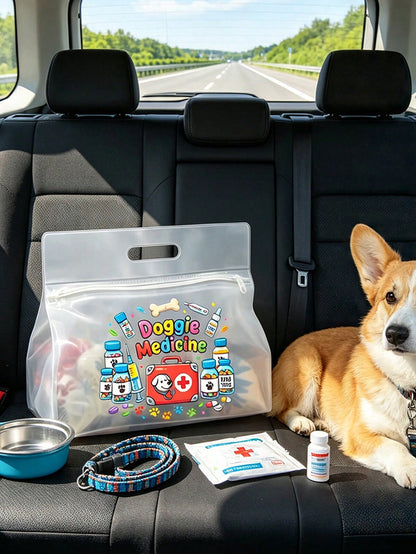 Transparent Dog Medicine Storage Bag, Pet Medication Tote Bag With Colorful Dog Paw, Bone, Pill Bottle And Medical Tool Kit Print, Portable Pet PVC Storage Bag, Multi-Functional Pet Daycare Bag, Easy